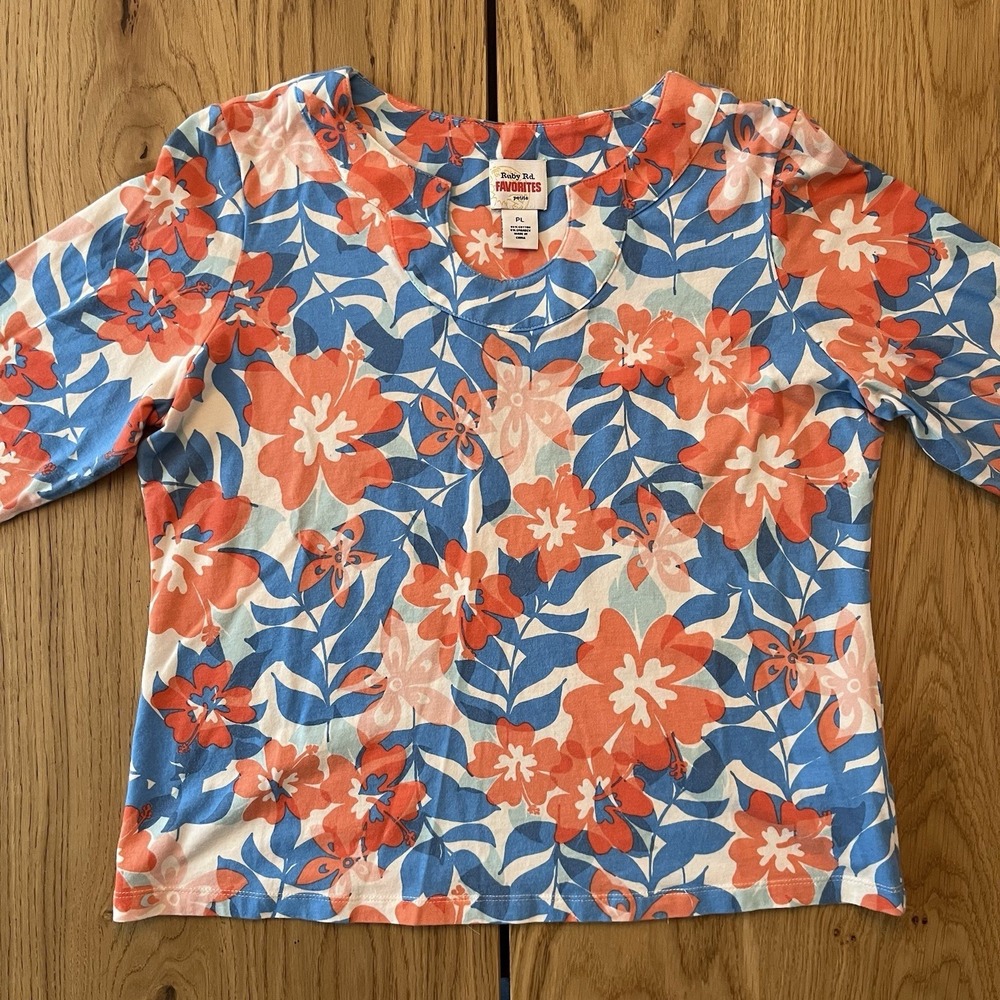 Ruby Rd Festive Summer 3/4 Sleeve Tee Shirt Petite Large Vacation Top